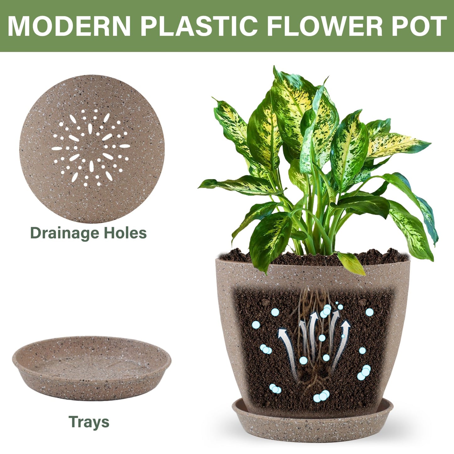 KPUVX Plant Pots- 8.5/7.5/6.5/6 Inches 4 Pack Plastic Planters,Indoor Decor Flower Pots with Drainage Holes and Tray,Home Decor Flower pots for Indoor Plants Cactus, Succulents