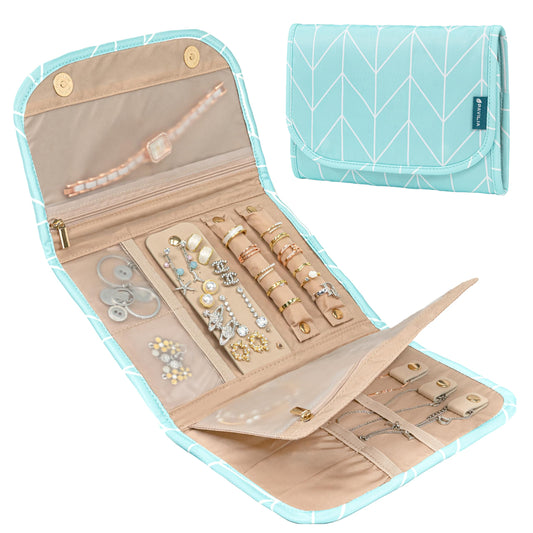 PAVILIA Travel Jewelry Case Organizer, Foldable Jewelry Travel Roll Bag, Small Jewelry Travel Pouch Wallet for Earrings, Rings, Necklaces, Bracelets, Travel Packing Accessories (Chevron Teal)