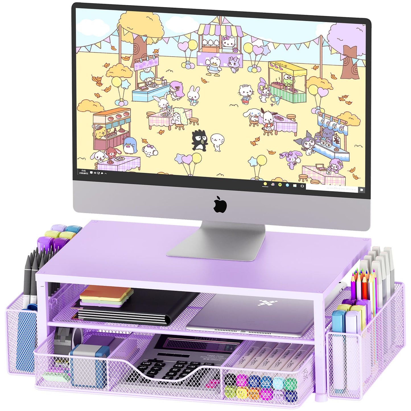 Desk Organizers and Accessories, 2-Tier Computer Monitor Stand for Desk Organizer with Drawer and 2 Pen Holders, Office Desk Accessories Workspace Desktop Organizers for Office Supplies, Purple