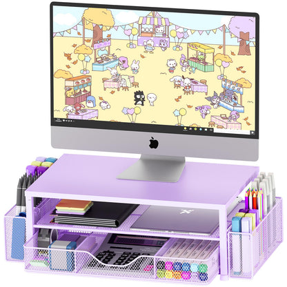 Desk Organizers and Accessories, 2-Tier Computer Monitor Stand for Desk Organizer with Drawer and 2 Pen Holders, Office Desk Accessories Workspace Desktop Organizers for Office Supplies, Purple