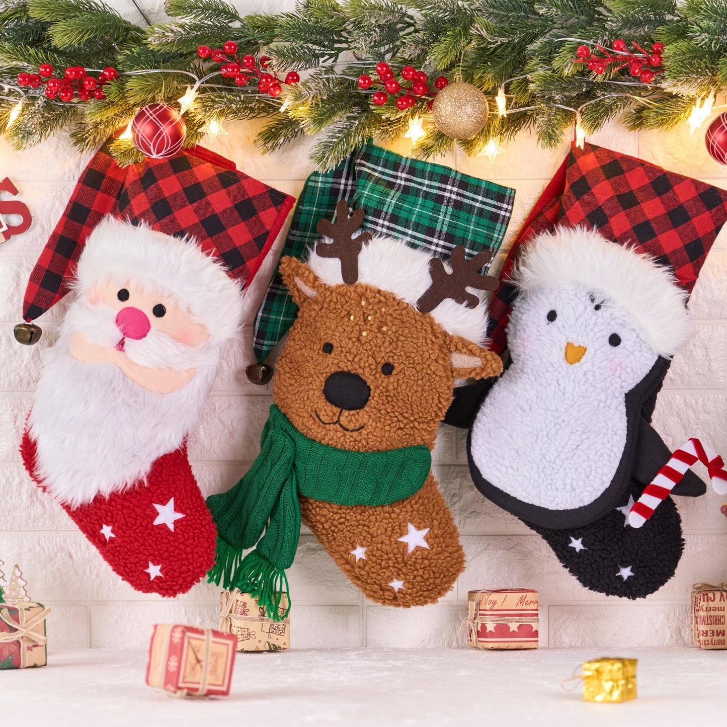 Munidow 3 Pack 18" Large Christmas Stocking, 3D Plush Christmas Stocking Santa Penguin Fur Xmas Stocking Holiday Christmas Decoration Gifts for Family Holiday Christmas Party Decorations D1