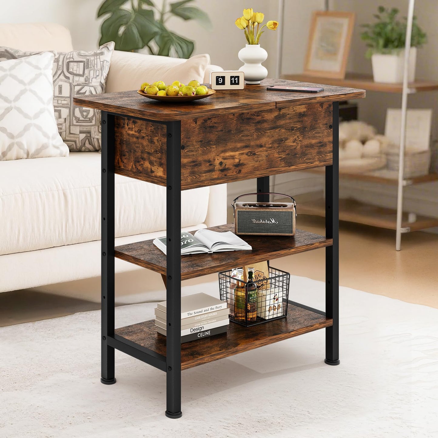 GRUSIGN End Table with Charging Station, Flip Top Side Table with USB Ports and Outlets, 3-Tier Small Side Table with Storage for Small Space, End Tables for Living Room/Bedroom, Brown