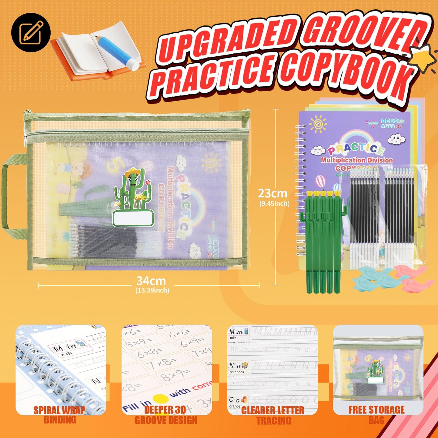 Upgraded Large Size Magic Practice Copybook for Kids, Reusable Grooved Handwriting Practice Book for Preschool Kids Age 3-8 Calligraphy with Catus Pens & Storage Bag (5PCS 7.3 * 10.3 inch)