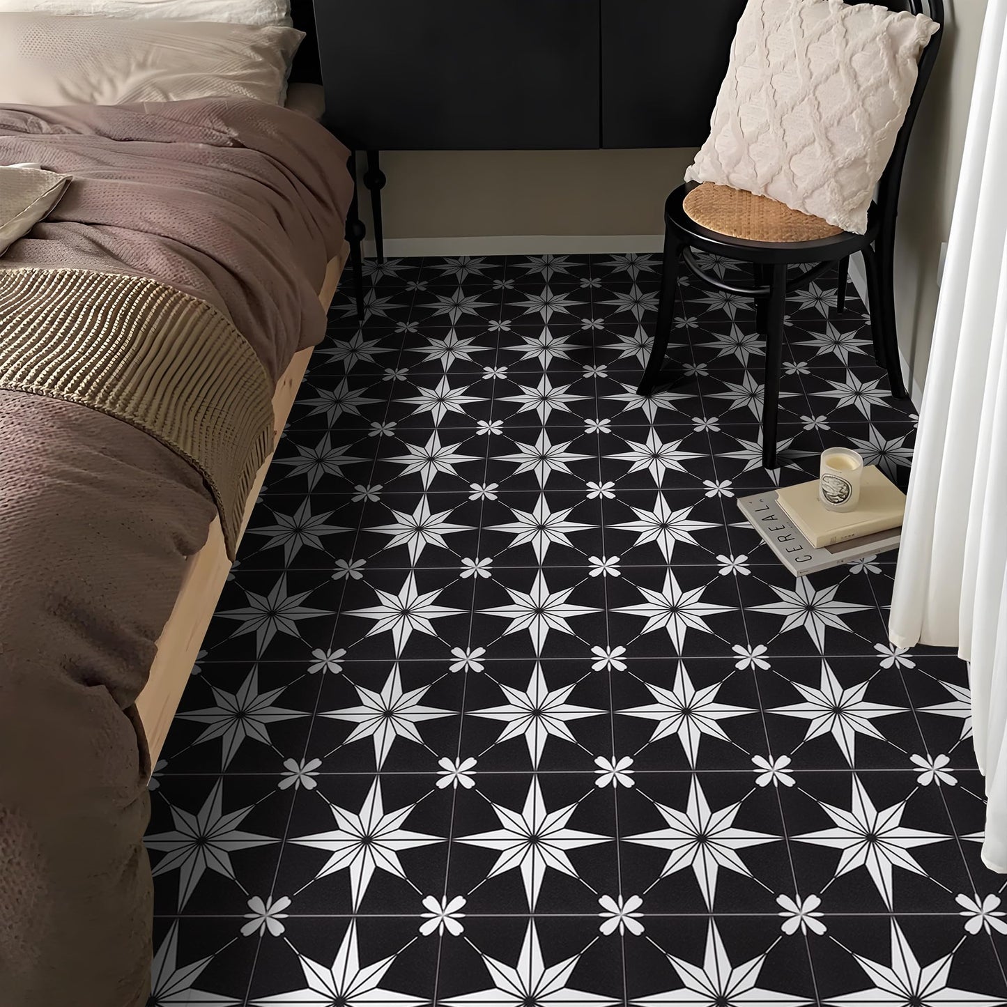 Peel and Stick Floor Tile Self Adhesive Waterproof 8" x 8" Vinyl Flooring, Removable Floor Stickers DIY for Bathrooms,Kitchen,Living Room,Black 10Pcs