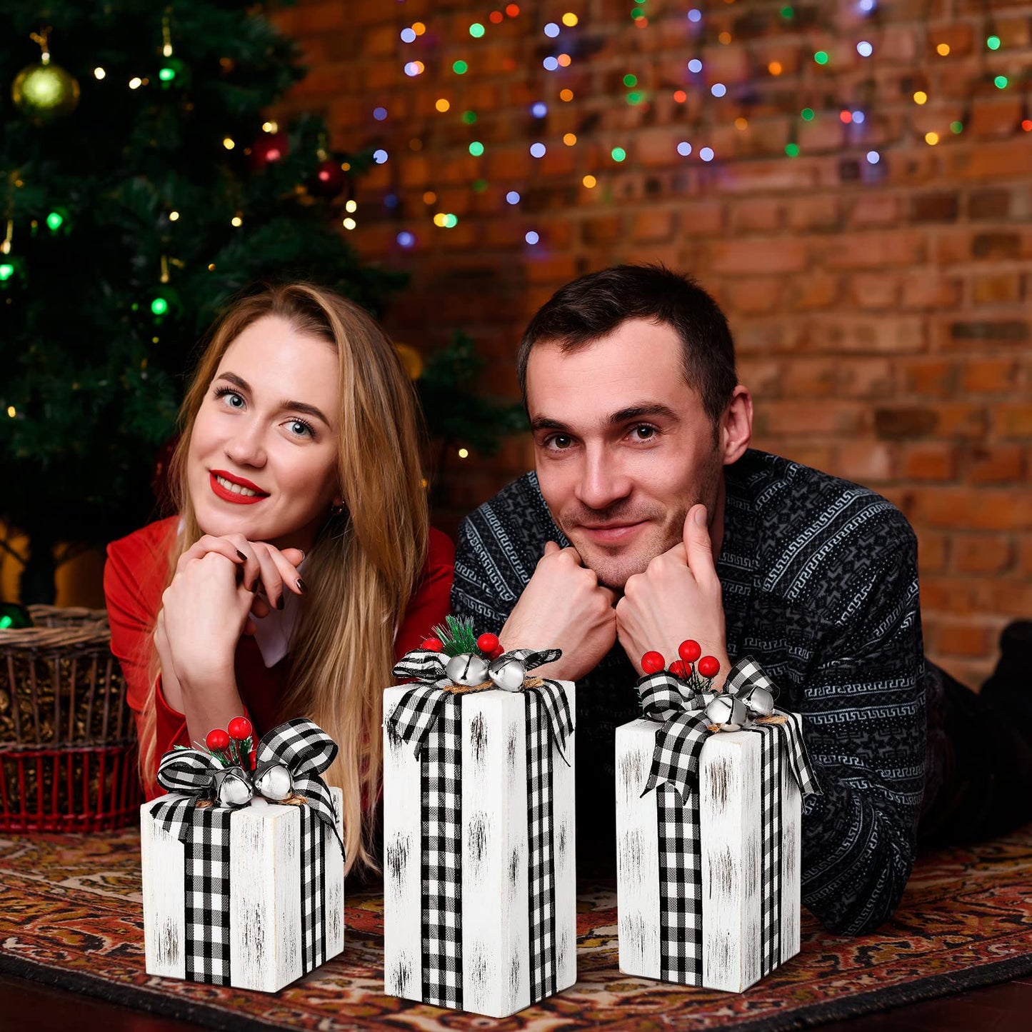 Amyhill 3 Pcs Christmas Wooden Gifts Box Decor Christmas Plaid Presents Table Centerpieces Rustic Wooden Gifts Tiered Tray Decor with Buffalo Plaid Bowknot for Xmas Party(White,Classic)