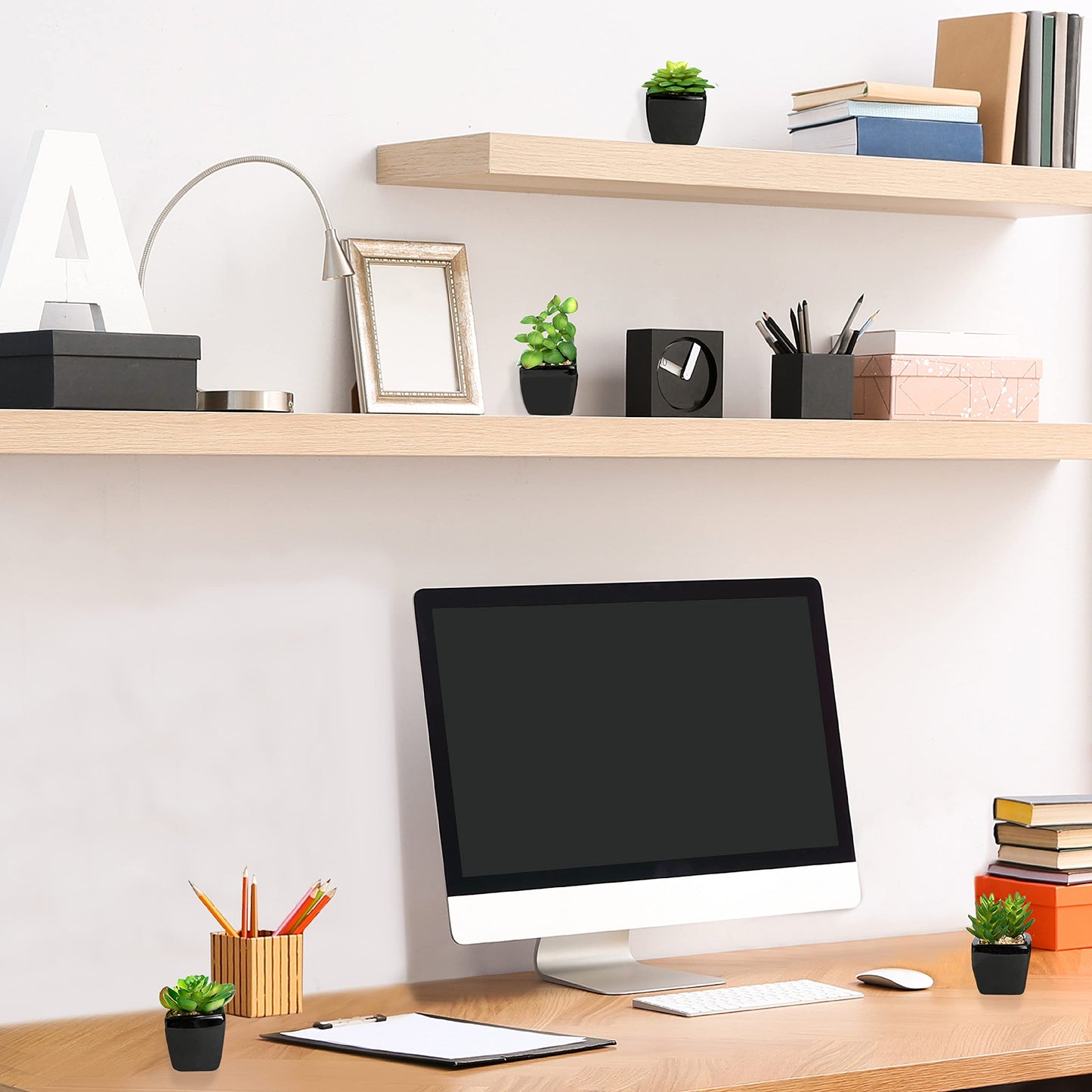 Nattol Modern Mini Artificial Succulent Plants Potted in Cube-Shape Black Ceramic Pots for Home Decor, Set of 4