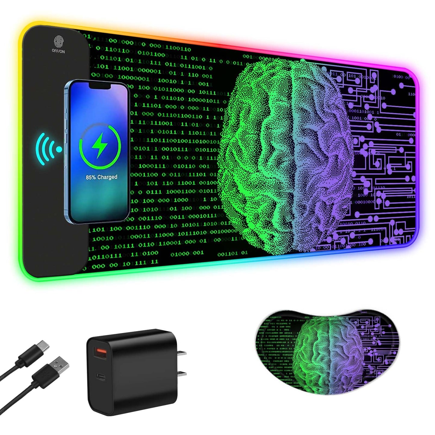 ToLuLu Wireless Charging RGB Gaming Mouse Pad, 15W LED Mouse Mat with 30W Charger, 14 Light Modes Large Mousepad with Wrist Support, Non-Slip Rubber Base Desk Mat Computer PC Keyboard Pad World Map