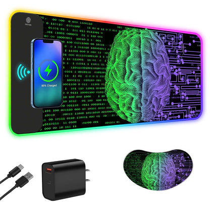 ToLuLu Wireless Charging RGB Gaming Mouse Pad, 15W LED Mouse Mat with 30W Charger, 14 Light Modes Large Mousepad with Wrist Support, Non-Slip Rubber Base Desk Mat Computer PC Keyboard Pad World Map