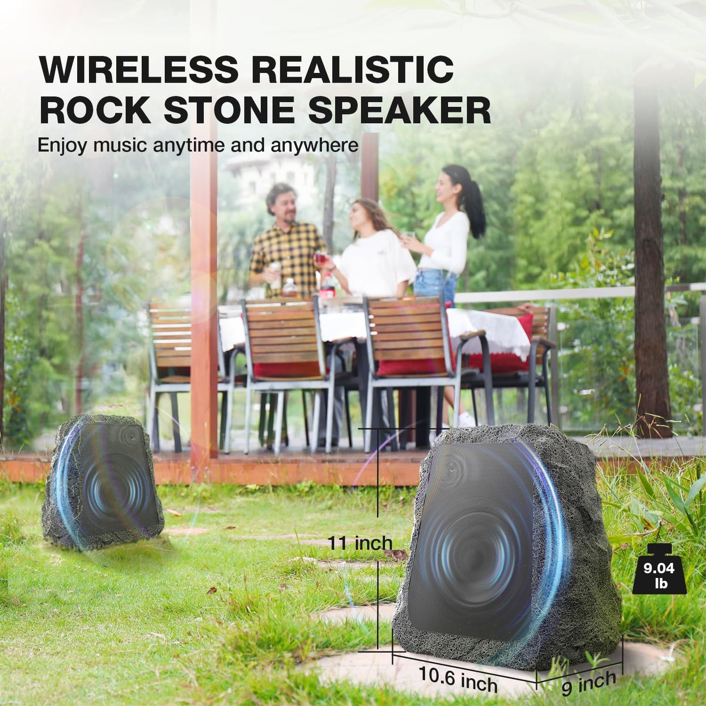 BlitzRock Outdoor Rock Speakers Wireless 80W Power Solar-Powered, 2 Drivers, Auto-Sync and Pair 100+ Speakers, IPX7 Waterproof, 24H Playtime Garden, Patio, Pool, Ideal for Music Entertainers - 2 Pack