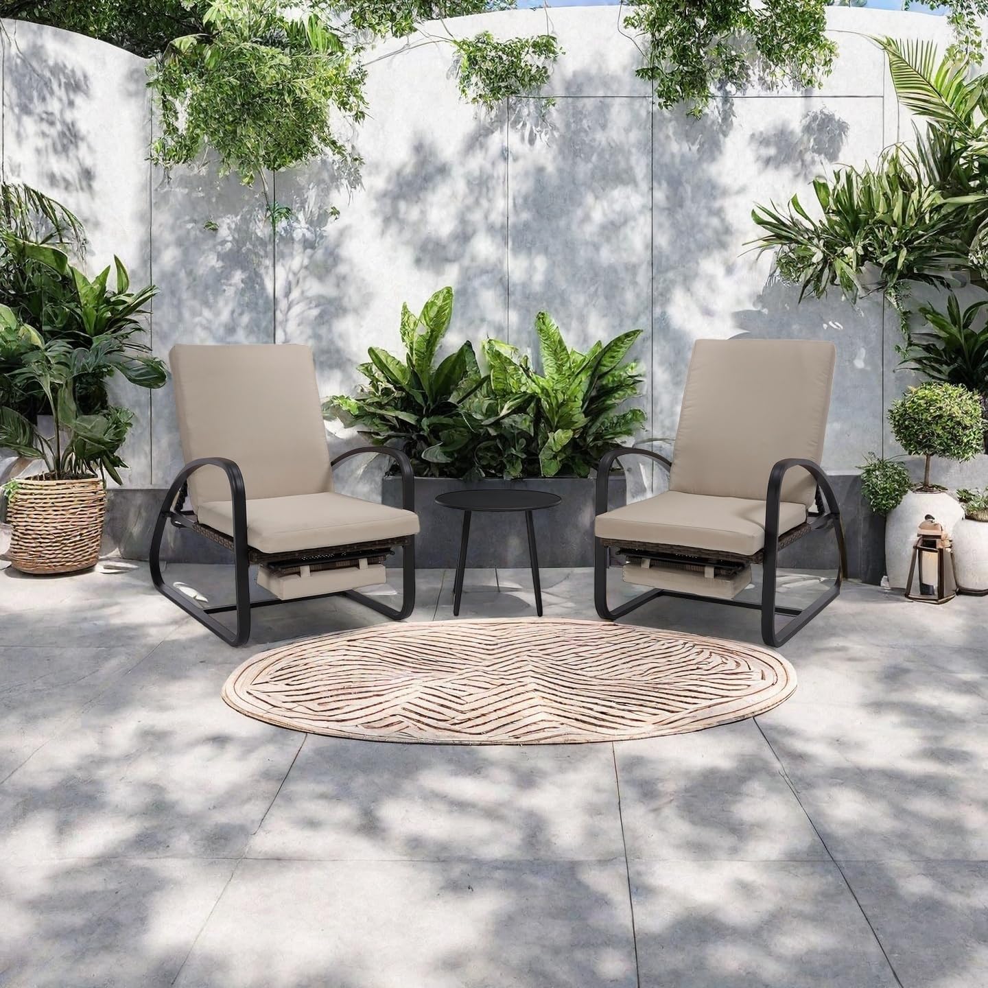 DAYARUS 3 Piece Patio Furniture Set with Pullout Footrest, Adjustable Backrest Patio Conversation Set, Metal Patio Chairs with Coffee Table, Outdoor Furniture Lounge Recliner for Lawn/Balcony, Khaki