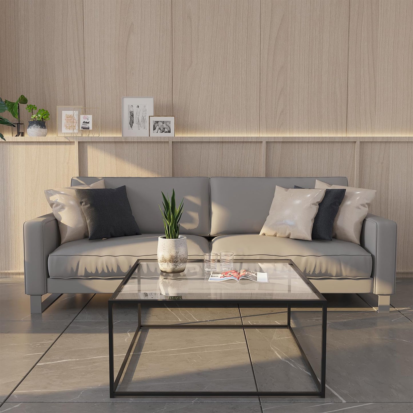 Glass Coffee Table Modern Center Table,Minimalist Coffee Table Sofa Side Tea Table for Living Room,Tempered Glass-top with Sturdy Metal Frame, Easy Assembly,26.4 x 26.4 x 15.7 Inches, Black