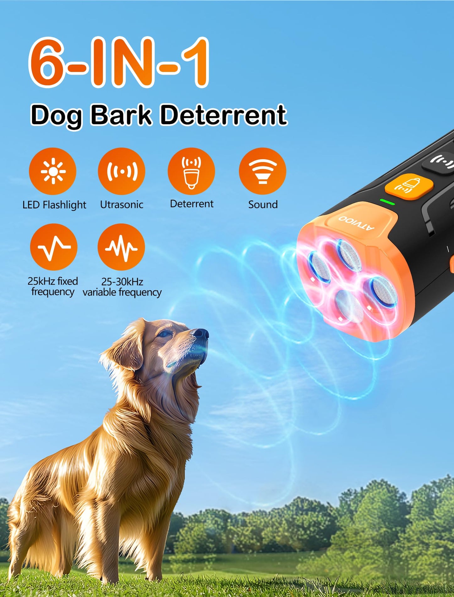 ATVIOO Dog Bark Deterrent Device - Ultrasonic Anti-Barking Devices with 3X Sonic Emitters, Up to 50FT Long Range & Rechargeable Bark Control - Safe for Dogs Training - Indoor & Outdoor (Black)