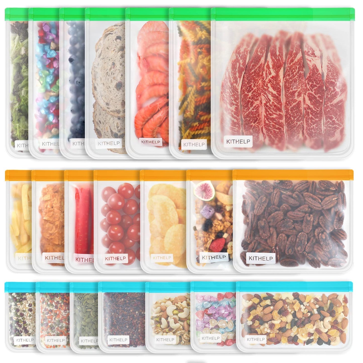21 Pack Reusable Storage Bags BPA Free, Leak-proof Freezer Bags (7 Reusable Gallon Bags + 7 Reusable Sandwich Bags + 7 Reusable Snack Bags) Lunch Bags Washable Eco-Friendly for food