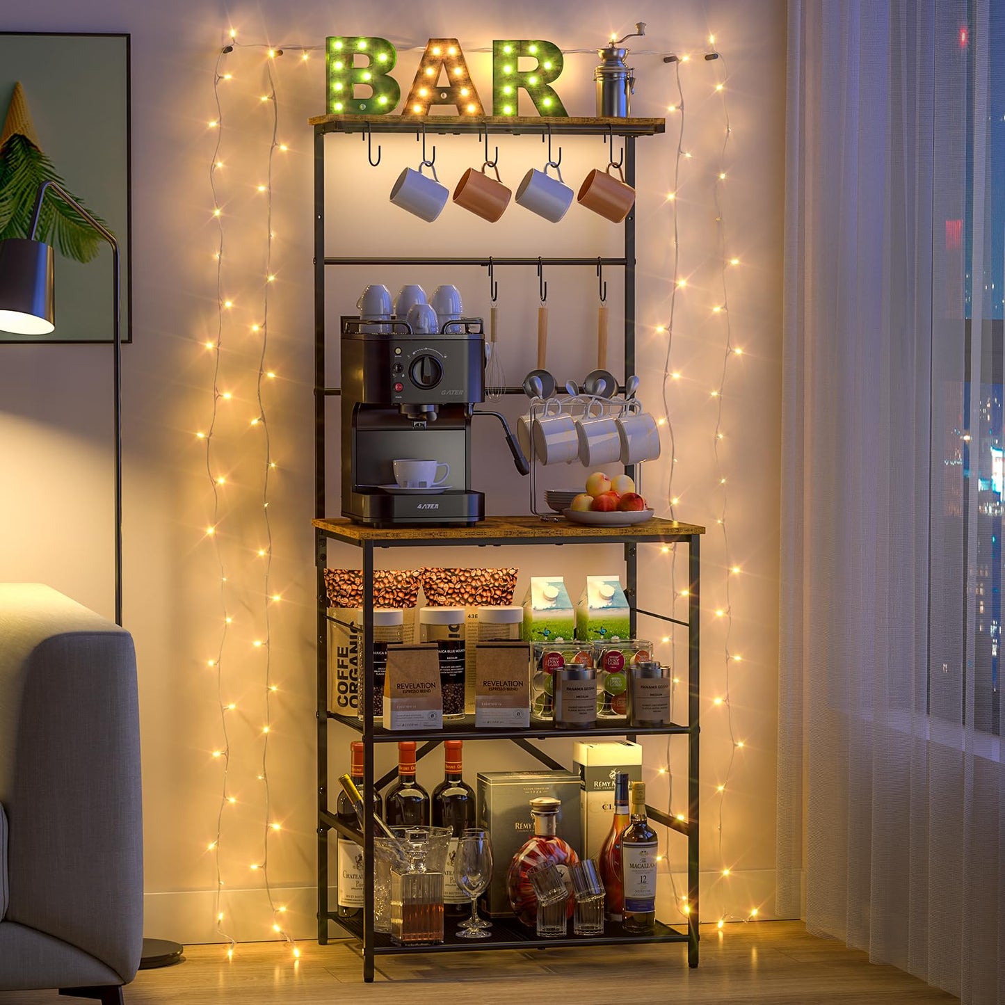 4 Tier Coffee Bar Station, Kitchen Stand with 8 S-Shaped Hooks, Large Space Coffee Station Table, Farmhouse Coffee Bar Shelf, Bakers Rack for for Kitchen, Living Room, 24.41" W x 15.78" D x 57.17" H