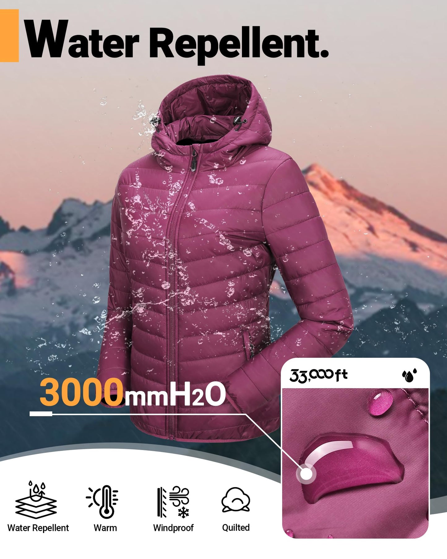 33,000ft Women's Hooded Packable Puffer Jacket Lightweight Warm Puffy Quilted Winter Coat