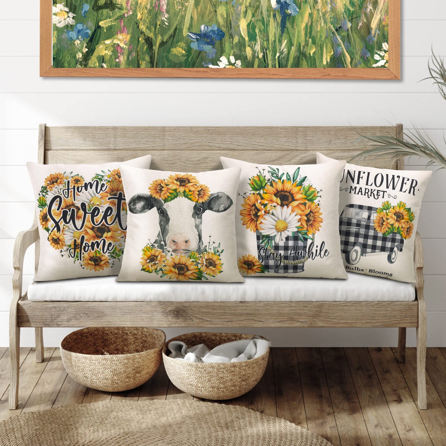 Hofomca Spring Summer Sunflower Throw Pillow Covers 18x18 Set of 4,Yellow Flowers Cushion Case Farmhouse Black and White Cow Buffalo Plaid Pattern Home Decorative for Couch Sofa Outdoor Living Room