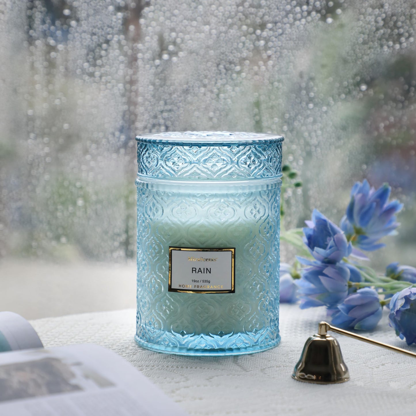 Rain Summer Scented Candles, 19oz Aromatherapy Candles Gifts for Women, Blue Luxury Large Decorative Candles in Glass, Natural Soy Wax for Home