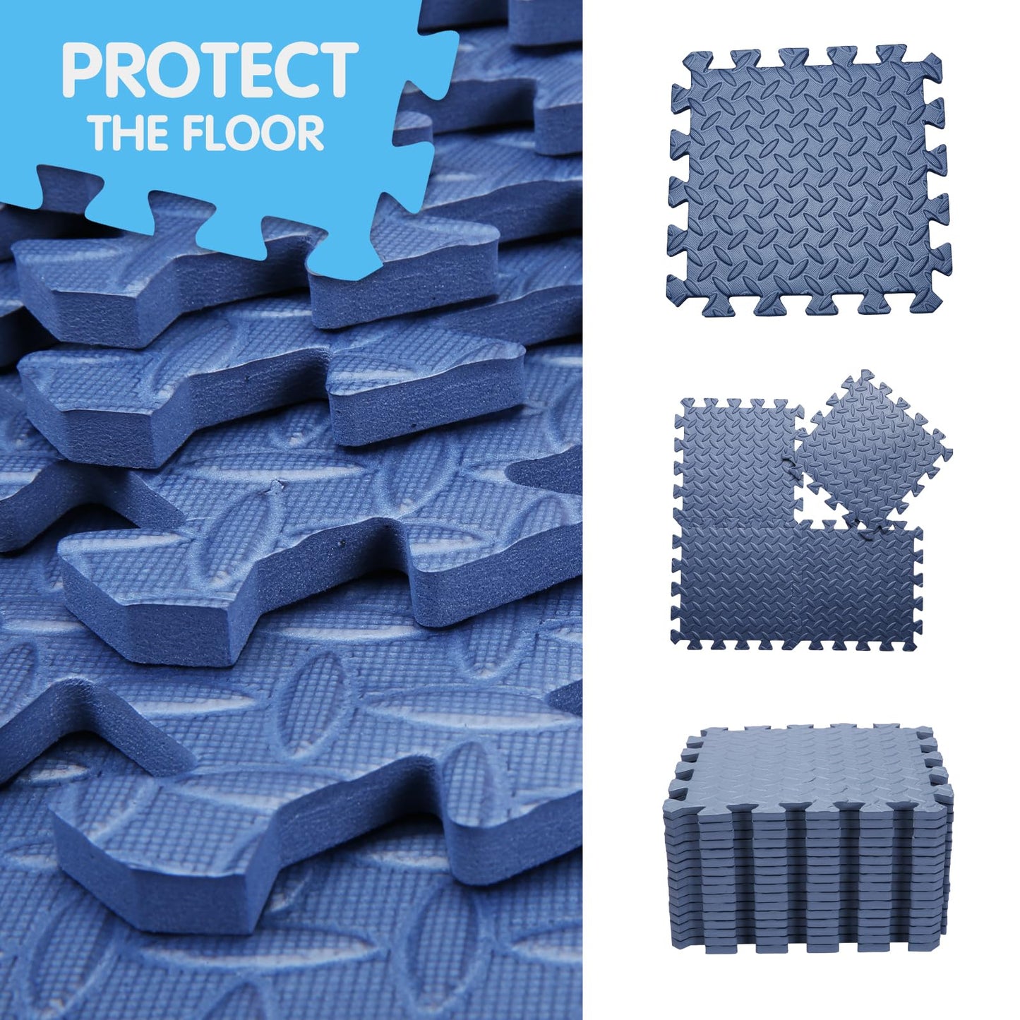 Coolcandy EVA Foam Play Mat, 16 Tiles Colorful Baby Play Mat, Square Kids Playmat with Solid Colored, 0.4" Thickened Interlocking Foam Floor Tiles, Puzzle Play Mat for Baby Lying, Playing (Navy Blue)