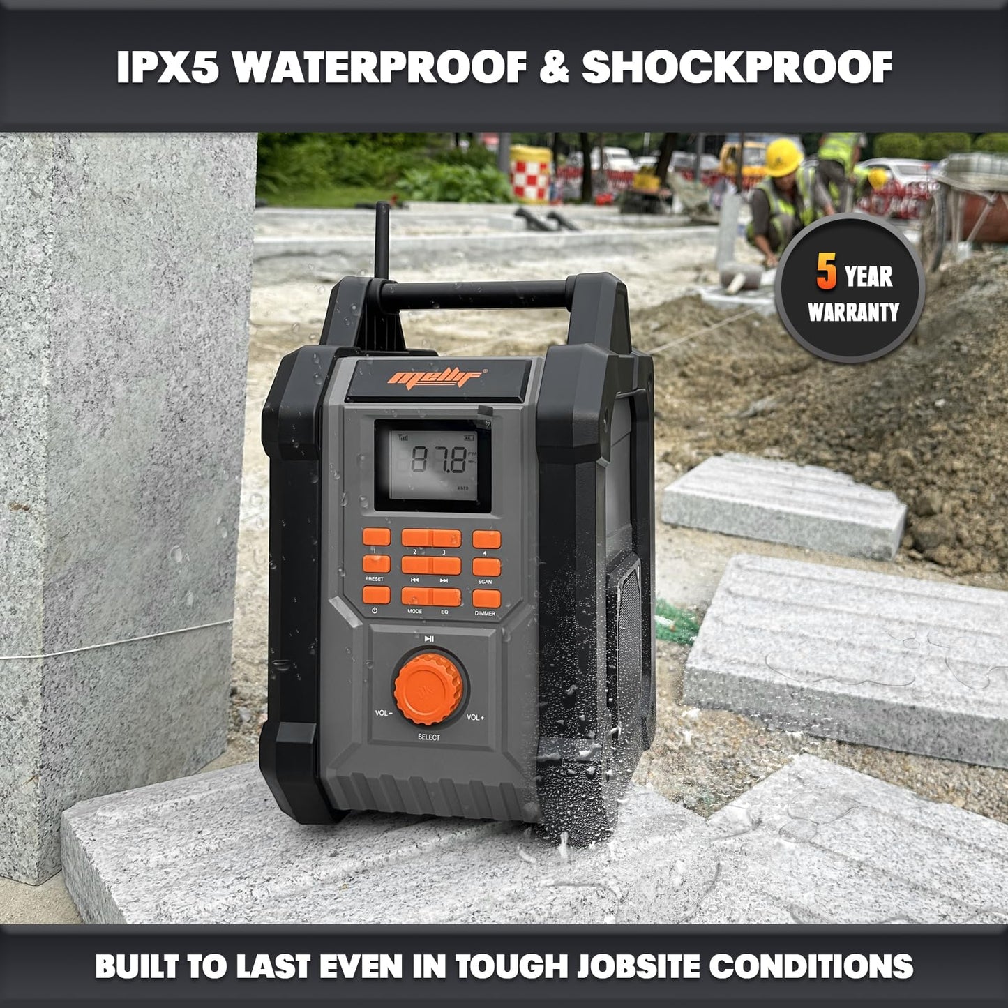 Mellif Jobsite Radio Speaker Compatible with Dewalt 20v Max Battery, Enhanced Signal Reception, 100ft Wireless Range, Stereo, IPX54 Waterproof, TWS, AM/FM Presets, 2.0 Battery & 18V AC Power Cord