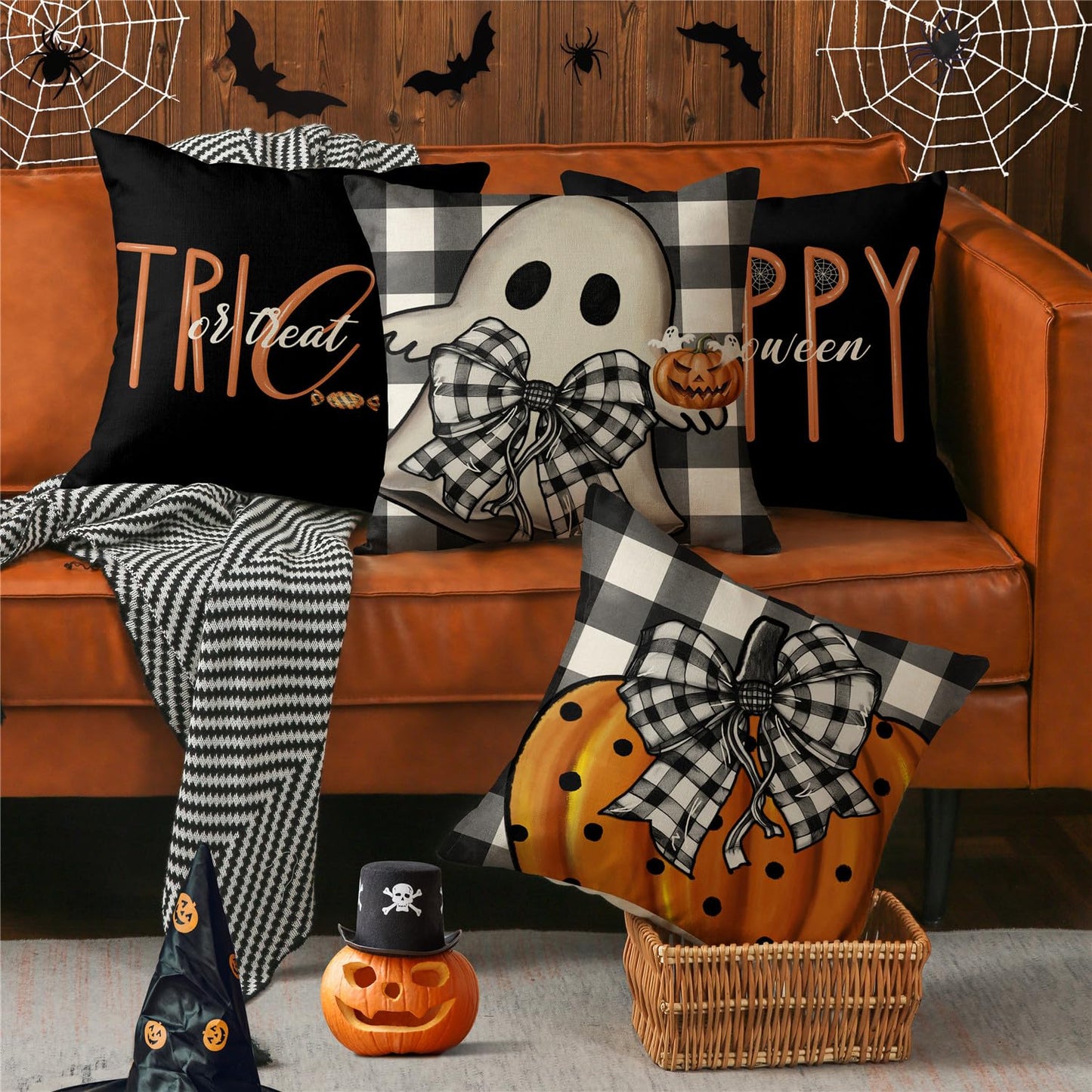 MODOVOS Halloween Pillow Covers 18x18 Set of 4 Buffalo Plaid Spooky Halloween Decorations Polka Dots Pumpkin Throw Pillow Covers Trick or Treat Cushion Case for Sofa Couch