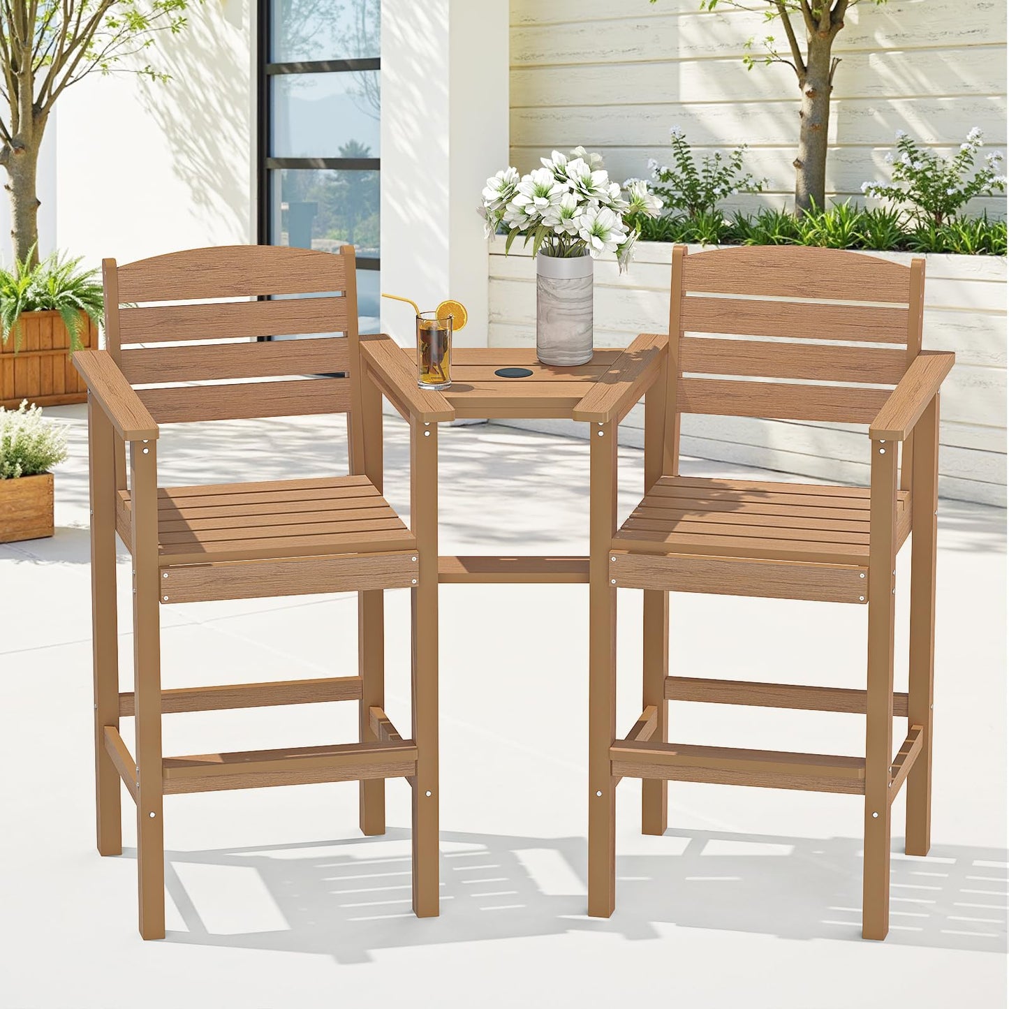 LuxaDomus Tall Adirondack Chairs Set of 2, Outdoor HDPS Adirondack Chair with Removable Tray, Balcony Chairs with Umbrella Hole, Weather Resistance Tall Patio Chairs for Deck Patio Pool Lawn, Teak
