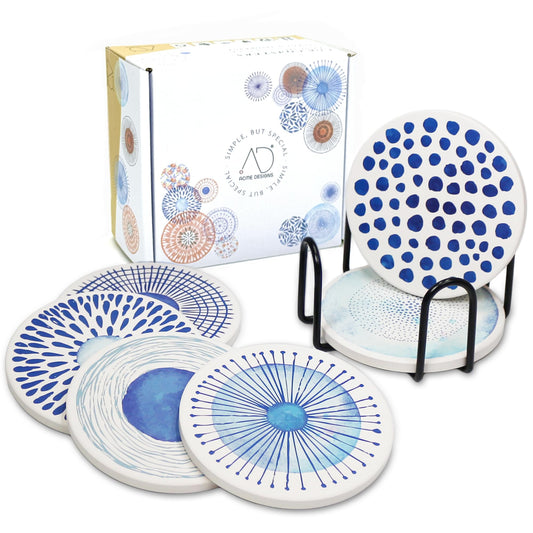AD Set of 6 Coasters for Drinks Absorbing Round Ceramic Stone Coaster with Cork Base,Tabletop Protection Mat for Mugs and Cups,Office,Kitchen (Blue Watercolor Series)