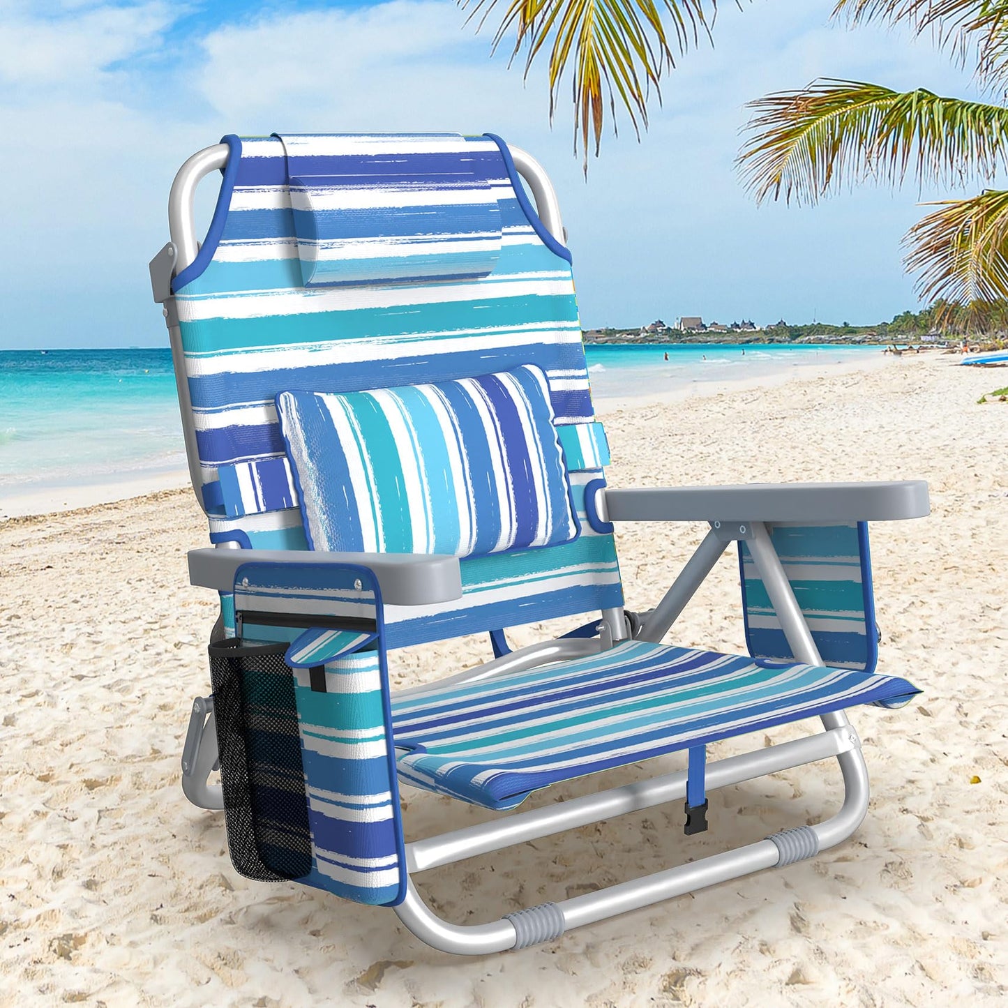 Suteck Beach Chair, Adjustable 5-Position Backpack Beach Chairs for Adults Kids, Foldable Lay Flat Chair with Cooler Bag, Cup Holder and Lumbar Pillow, Reclining Lay Down Chairs for Lawn Outdoor