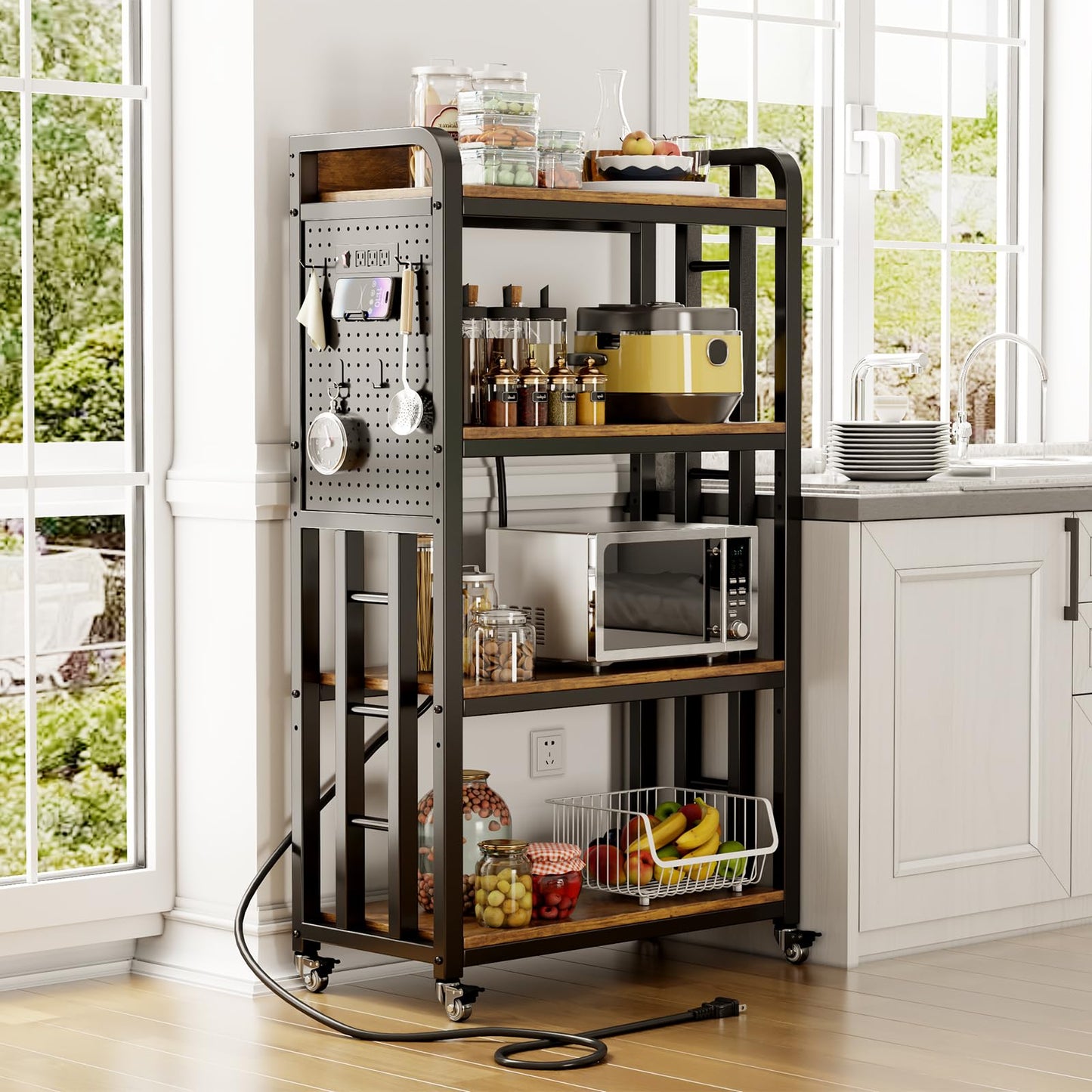 Kitchen Bakers Rack with Power Outlet,With pegboard Bakers Racks,Microwave Oven Stand with Storage 4 Tiers,microwave stand， for Living Room, Dining Room, Coffee Bar(Rustic Brown, 15.75x25.2x55)