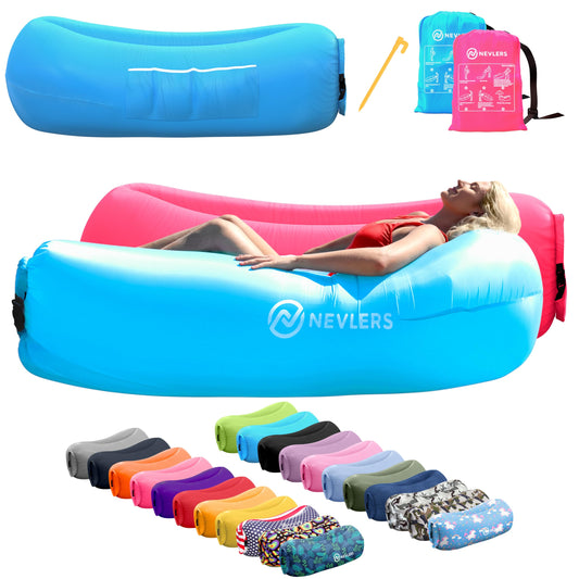 Nevlers Periwinkle Blue Inflatable Lounger | 210T Polyester Blow Up Couch | Inflatable Beach Chair w/ 450 lbs. Capacity, Pockets, & Carry Bag | No-Pump Air Couch for Use as Music Festival Accessories