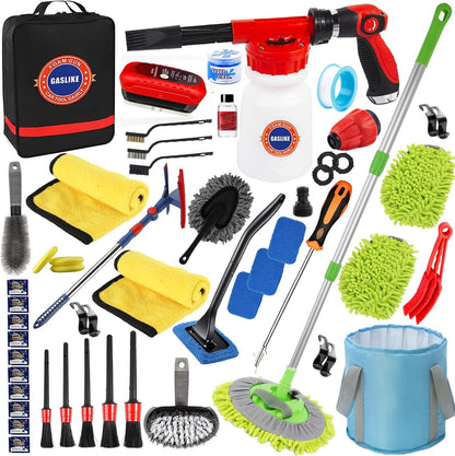 56Pcs Car Wash Cleaning Kit with Foam Gun, Car Wash Brush with Long Handle, Car Detailing Kit, Car Wheel Brush for Car Cleaning Supplies, Adjustable Hose Wash Sprayer-Quick Connector to Any Hose