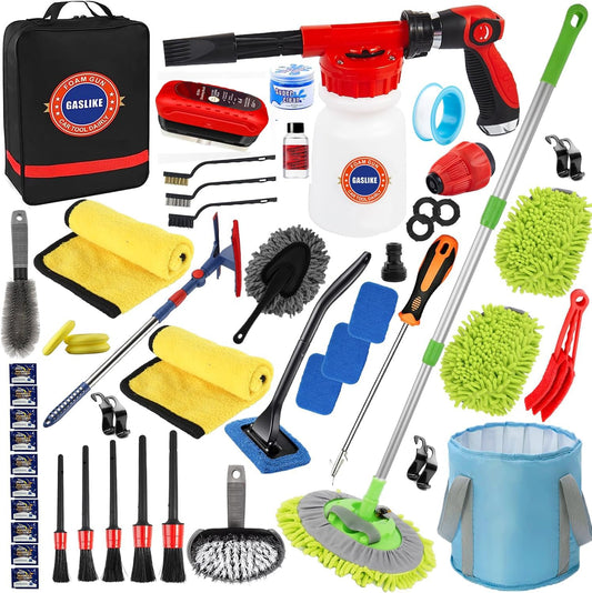 56Pcs Car Wash Cleaning Kit with Foam Gun, Car Wash Brush with Long Handle, Car Detailing Kit, Car Wheel Brush for Car Cleaning Supplies, Adjustable Hose Wash Sprayer-Quick Connector to Any Hose