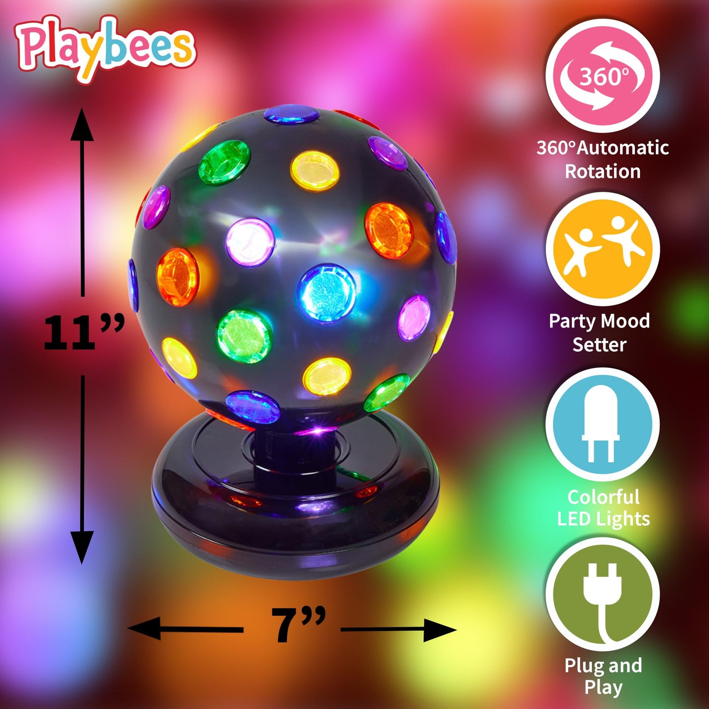 Playbees Rotating Disco Ball with LED Lights - Create a Dazzling Dance Atmosphere - Neon Birthday Party Vibes - Dance Party Supplies & Accessories - 11"