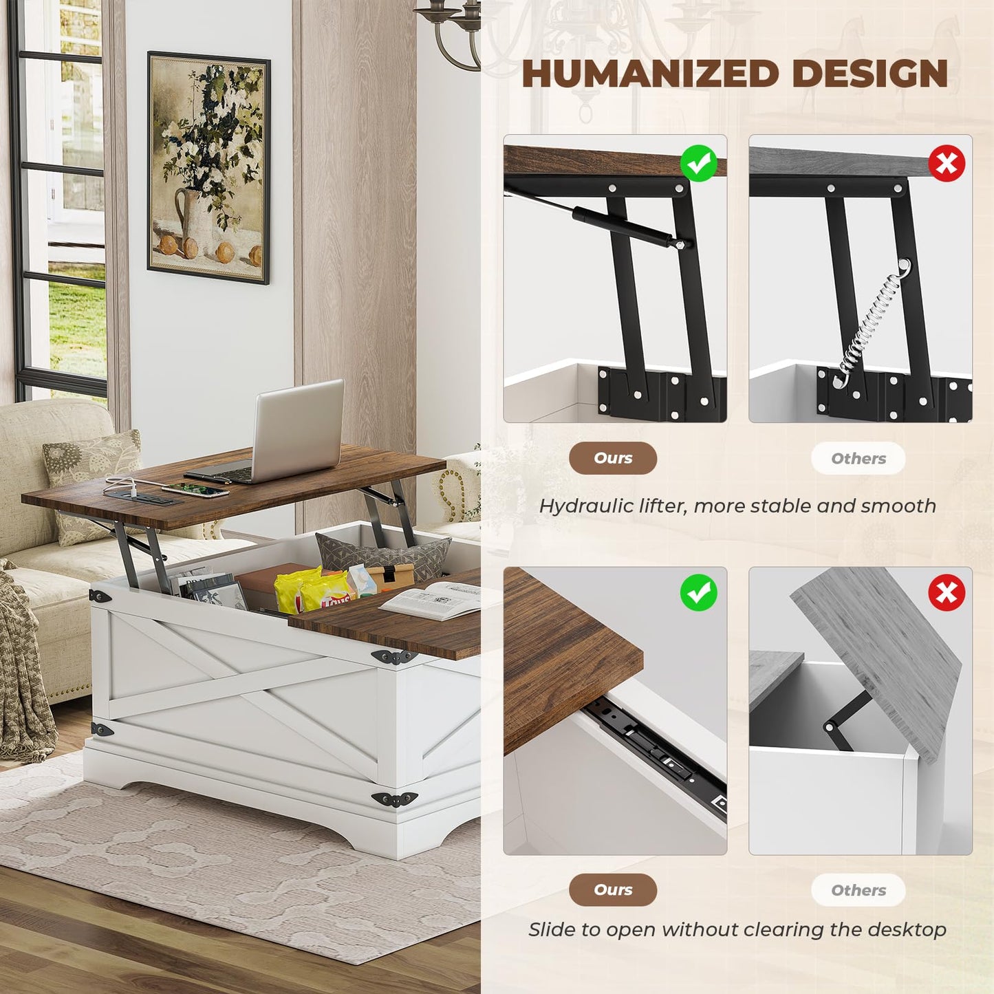 BROTTAR Lift Top Coffee Table with Storage, Square Coffee Table for Living Room with Charging Ports, Farmhouse Dining Table with Large Hidden Storage, White, 31.5"