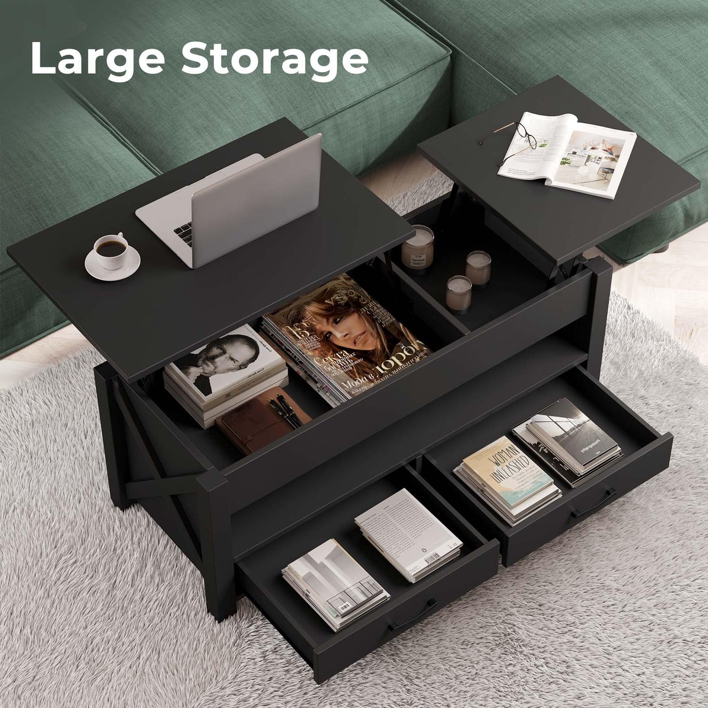 Seventable Coffee Table, 47.2" Lift Top Coffee Table with 2 Storage Drawers and Hidden Compartment, X Wood Farmhouse Support, Retro Center Table with Lift Tabletop for Living Room,Black