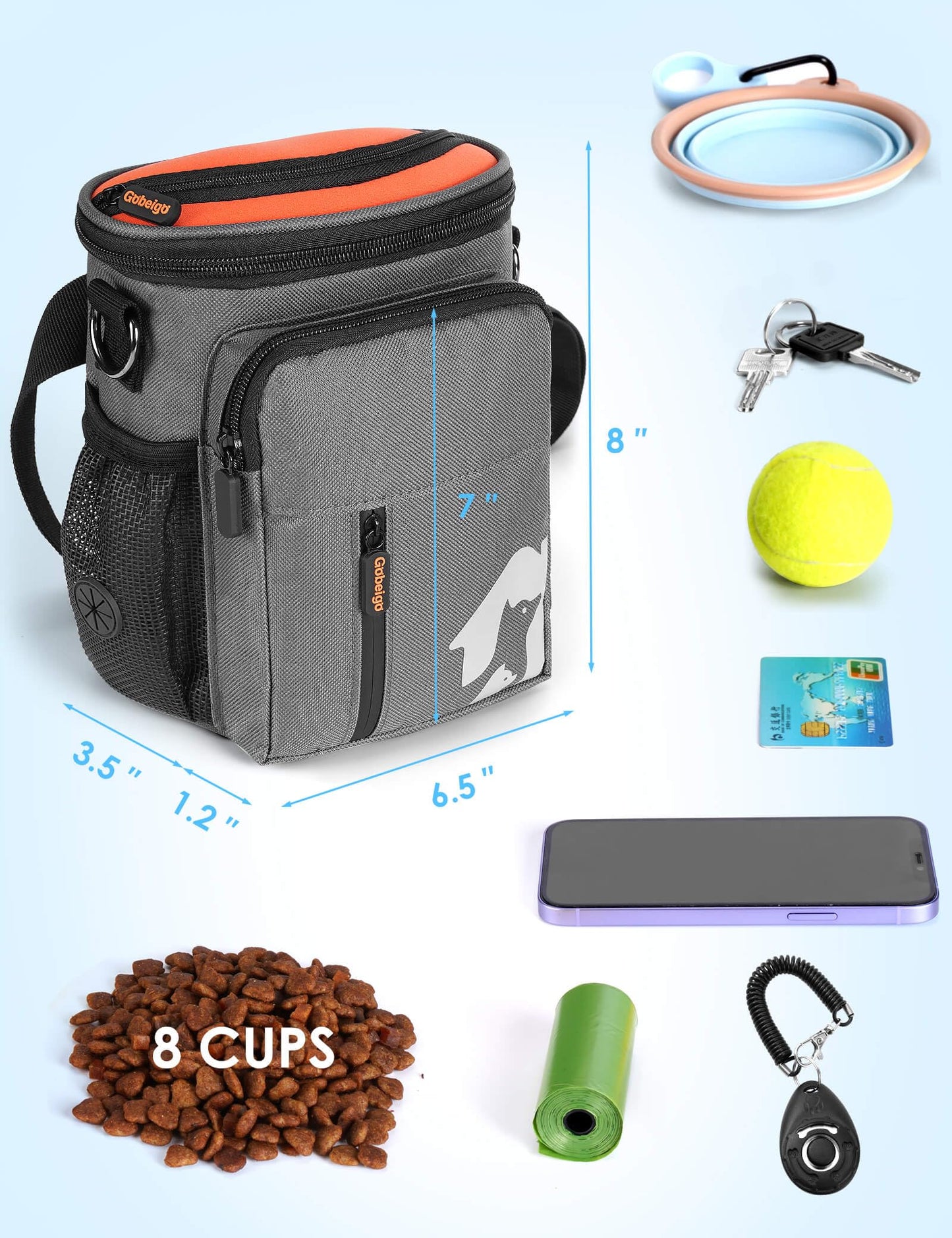 Gobeigo【8 Cup】Dog Treat Pouch【3 Ways to Wear 】Treat Bag for Training & Walking, Built-in Poop Bag Dispenser, Large Phone Friendly (Gray & Orange)