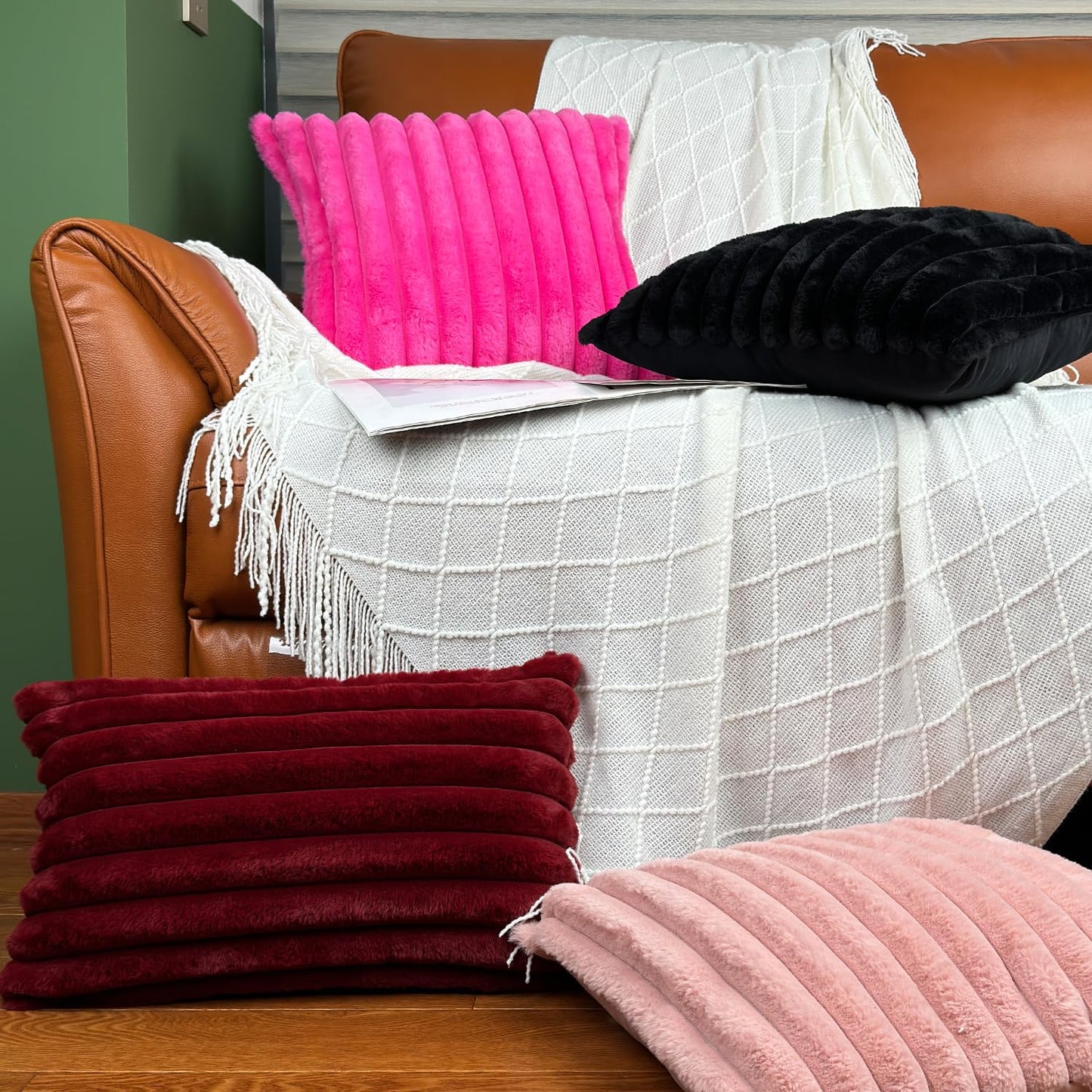 20x20 Throw Pillow Covers Set of 2, Decorative Faux Fur Covers for Bed, Couch Soft Fluffy Pillow Cover with Velvet Back for Living Room, Neutral Home Décor Accent for Sofa - Black