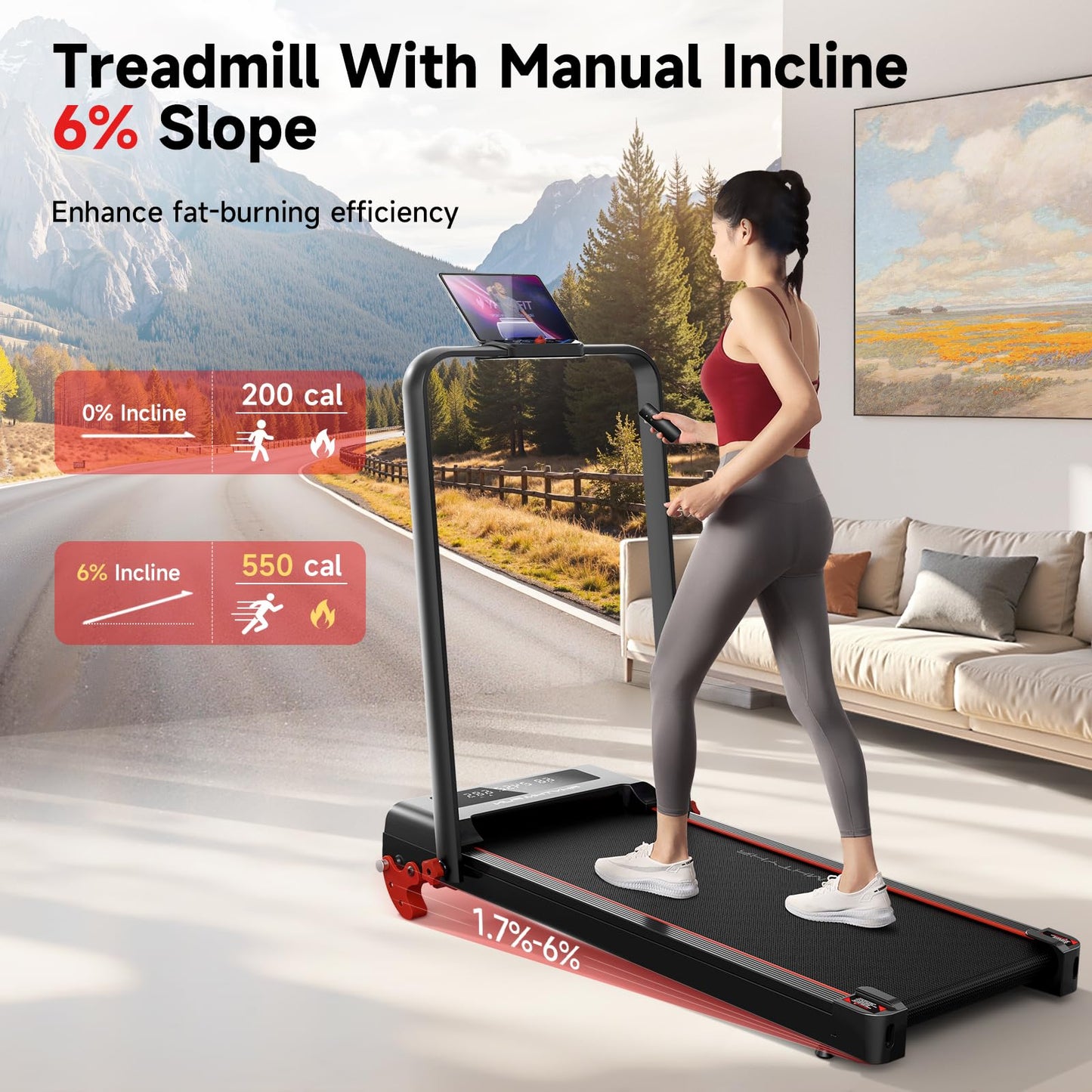 RHYTHM FUN Treadmill with Incline, Walking Pad Treadmill with Handle Bar, Walking Pad with Incline 300lbs Foldable Treadmills with APP, Portable Folding Treadmills for Home/Office with Low Noise