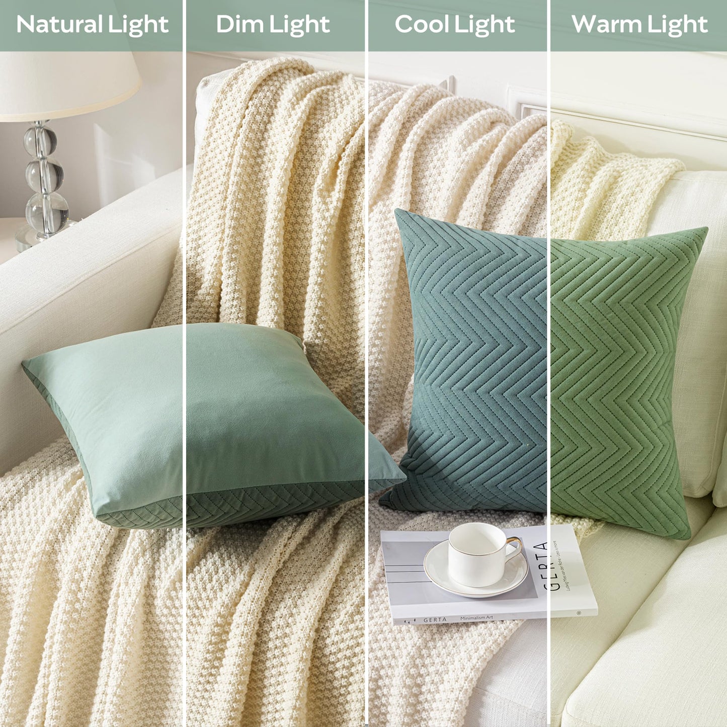 JELLYMONI Throw Pillow Covers 20”x20” Set of 2 Decorative Pillow Cases Light Green with Zipper Square Cushion Cover Polyester Quilted Solid Soft Home Decor for Bed Sofa Living Room (NO Insert)