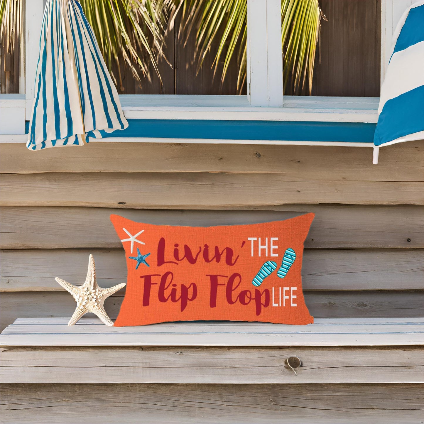 FELENIW Livin' The Flip Flop Life Starfish Shell Fun Quote Gift for Beach Lake Camping Outdoor Throw Pillow Cover Cushion Case Cotton Linen Decorative Lumbar 12x20 inch