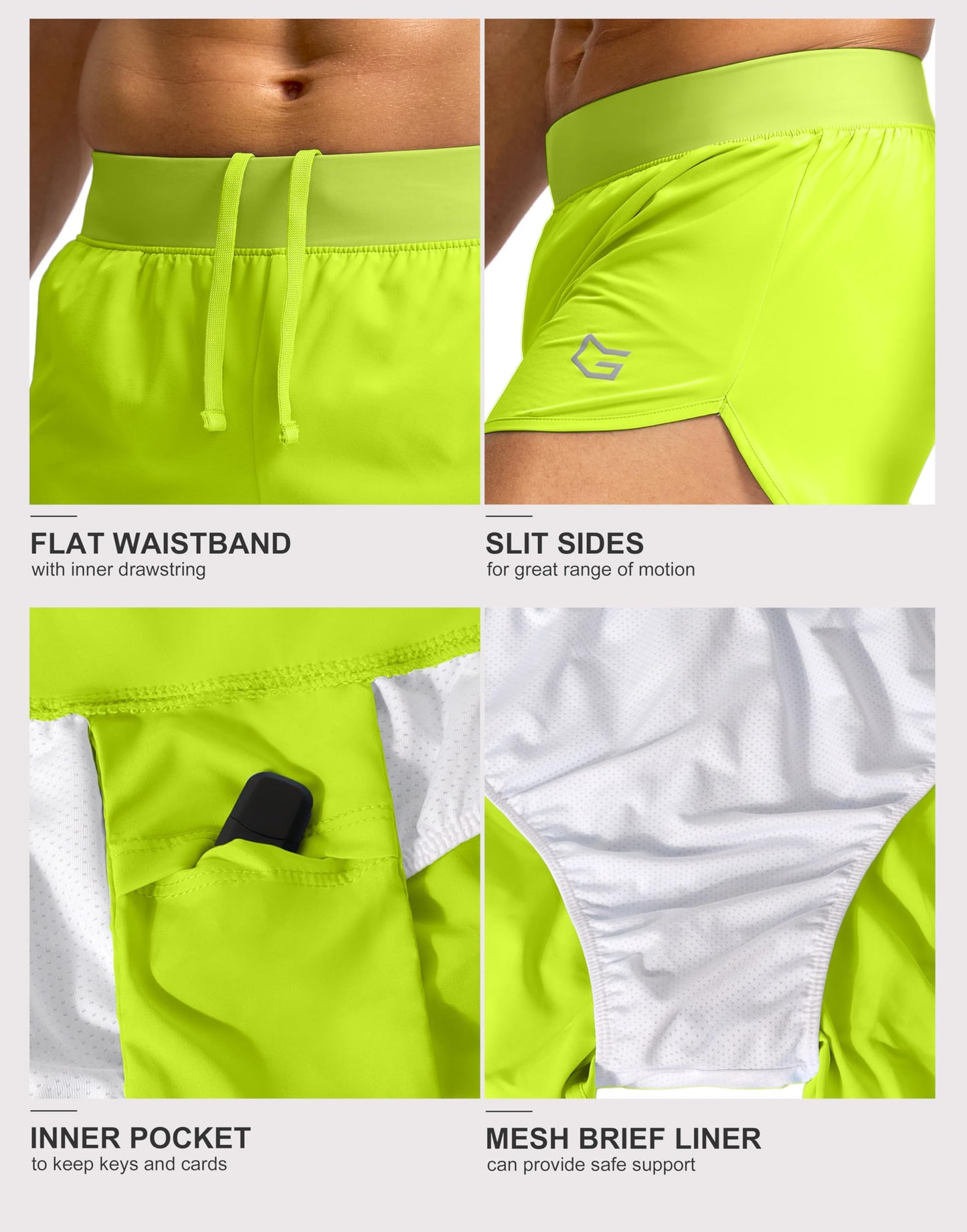 G Gradual Running Shorts for Men 3 Inch Lighweight Quick Dry Workout Gym Athletic Jogging Shorts with Inner Key Pocket, Fluorescent Green, Large