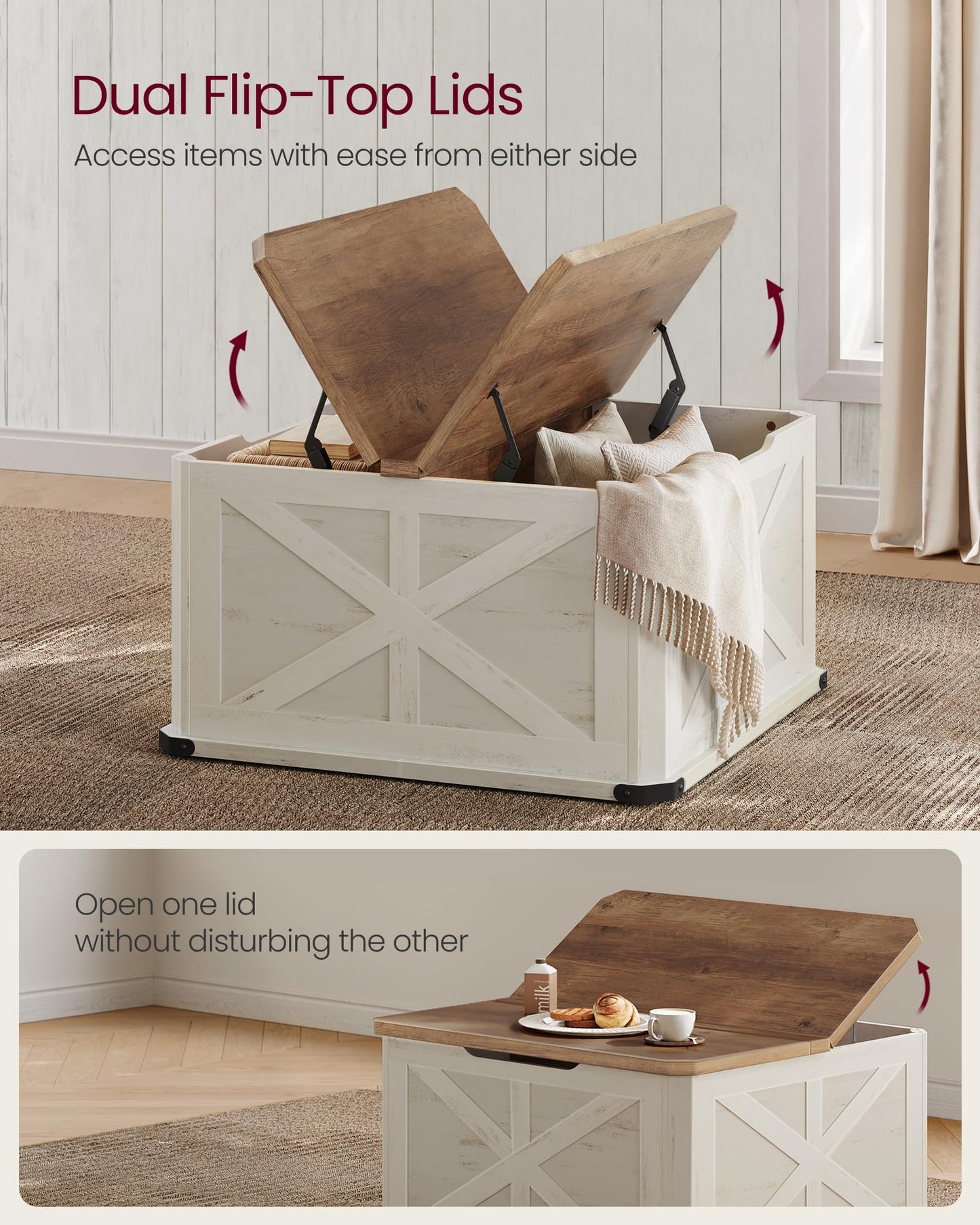 VASAGLE Farmhouse Coffee Table with Storage, Square Coffee Table for Living Room, Center Table with Flip-Top Lids, Honey Brown and Rustic White ULCT232W73