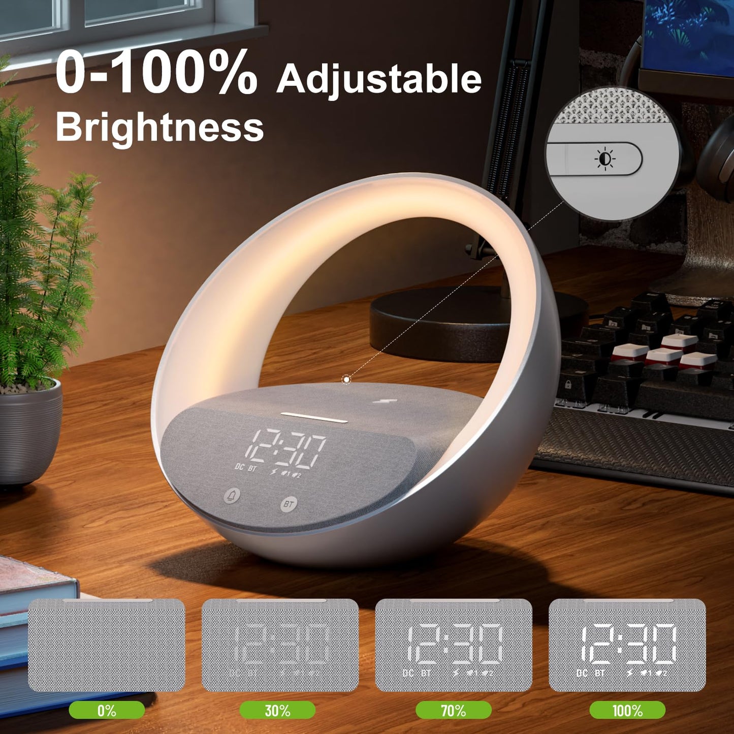 FUNFOR Bluetooth Alarm Clock, Sunrise Simulation Wake Up Night Light, 15W Fast Wireless Charging Alarm Clock for Bedroom, 10W Bluetooth Stereo Sound Speaker, USB Charger Port