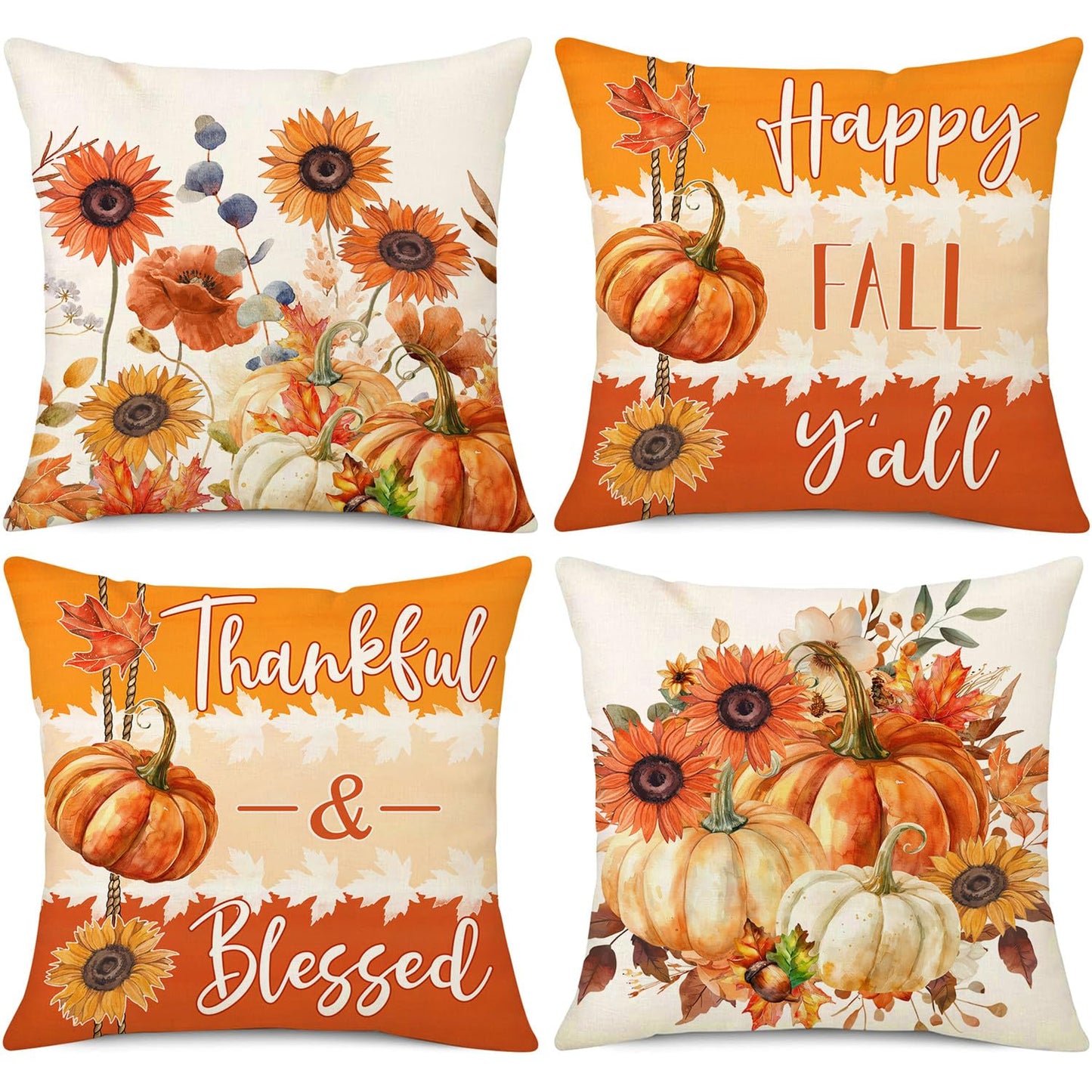 NIGHTWISH Fall Pillow Covers 18x18 Set of 4 Thanksgiving Farmhouse Decorations Floral Pumpkin Outdoor Fall Decor Throw Pillow Covers Thankful Blessed Harvest Autumn Cushion Case for Couch Sofa