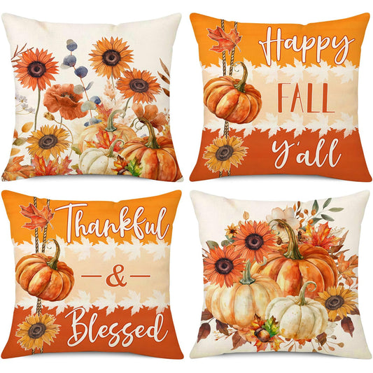 NIGHTWISH Fall Pillow Covers 18x18 Set of 4 Thanksgiving Farmhouse Decorations Floral Pumpkin Outdoor Fall Decor Throw Pillow Covers Thankful Blessed Harvest Autumn Cushion Case for Couch Sofa