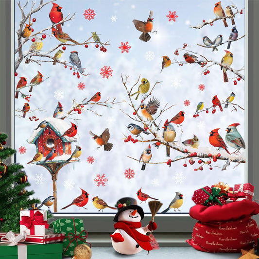 Winter Window Stickers Christmas Window Clings Indoor Outdoor Decoration Xmas Stickers for Winter Holiday Supplies Birds Tree Branch Window Decals for New Year Christmas Party Living Room Home Decor
