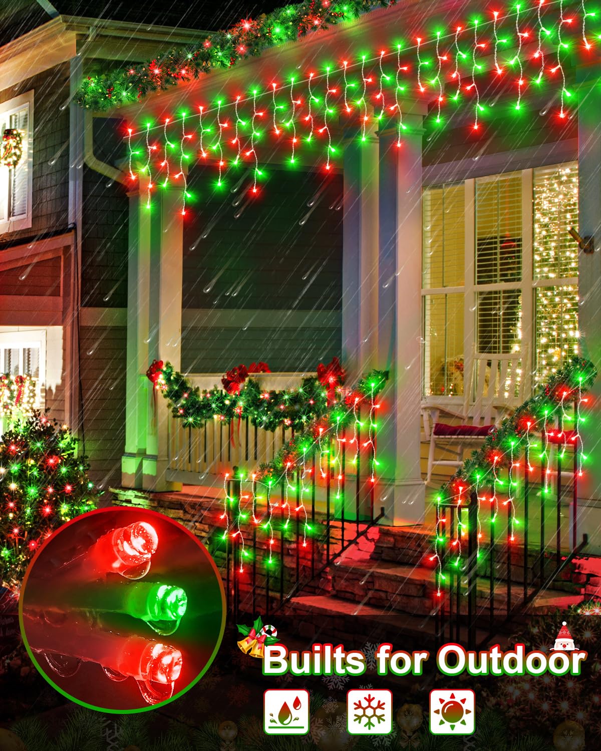 JIXXULVU Christmas Lights Outdoor, 53 FT 486 LED Christmas Lights for Outside, Timer & Memory, Plug in 8 Modes Hanging Fairy Light with 108 Drops for House Eaves Yard Patio Decorations, Red Green