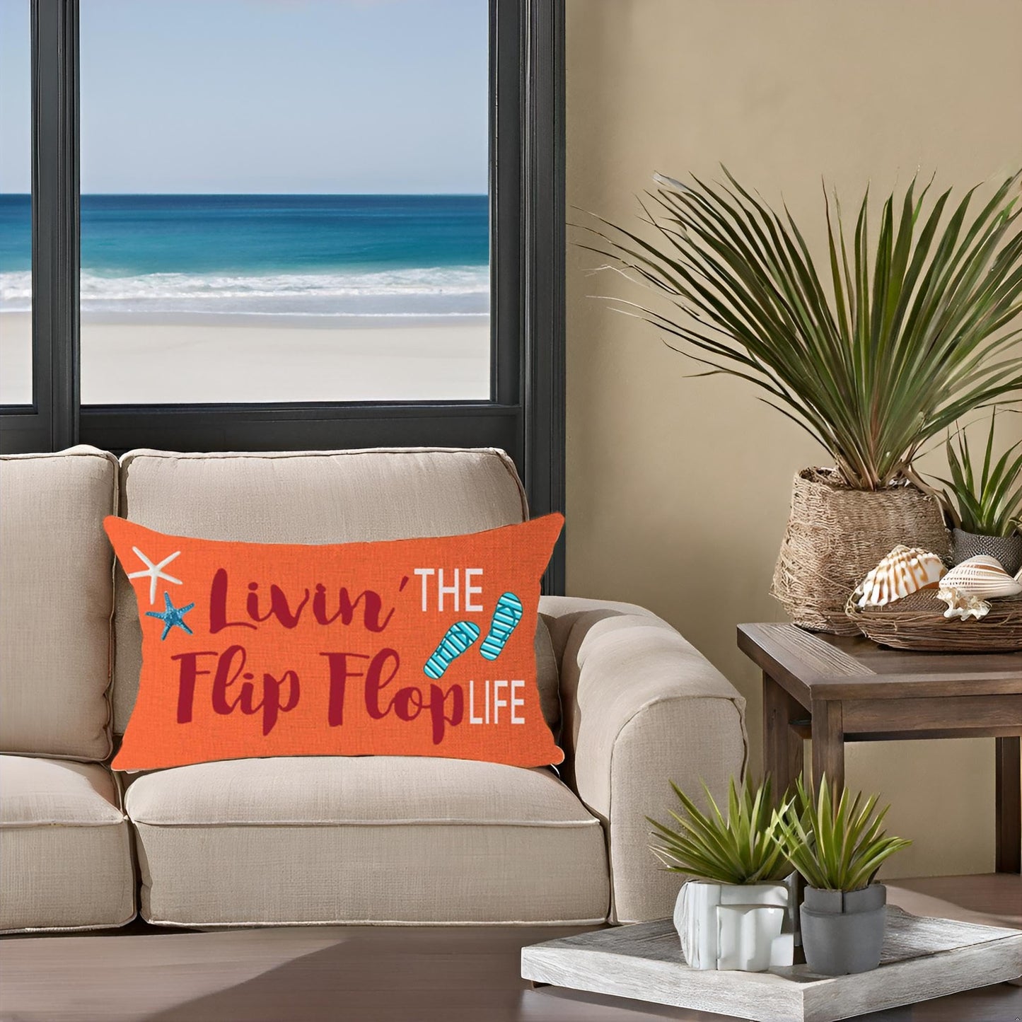 FELENIW Livin' The Flip Flop Life Starfish Shell Fun Quote Gift for Beach Lake Camping Outdoor Throw Pillow Cover Cushion Case Cotton Linen Decorative Lumbar 12x20 inch