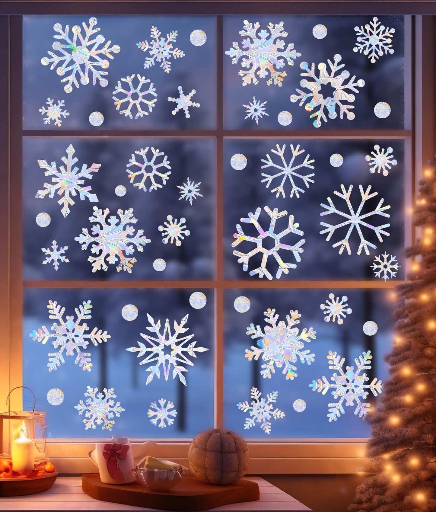 216pcs Christmas Snowflake Window Clings for Glass Windows Decorations, 8 Sheets Iridescent Static Snowflake Window Decal Stickers for Christmas Windows Decor ﻿