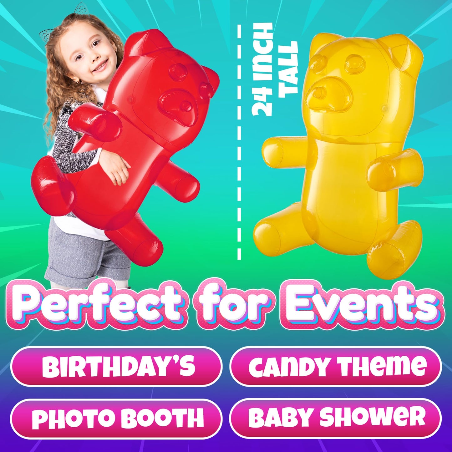 24" Inflatable Gummy Bears (Pack of 3) Big Huge Blow Up Gummy Bear Pool Toy Decorations, Birthday Party Supplies and Themed Candy Land Party Favors for Kids