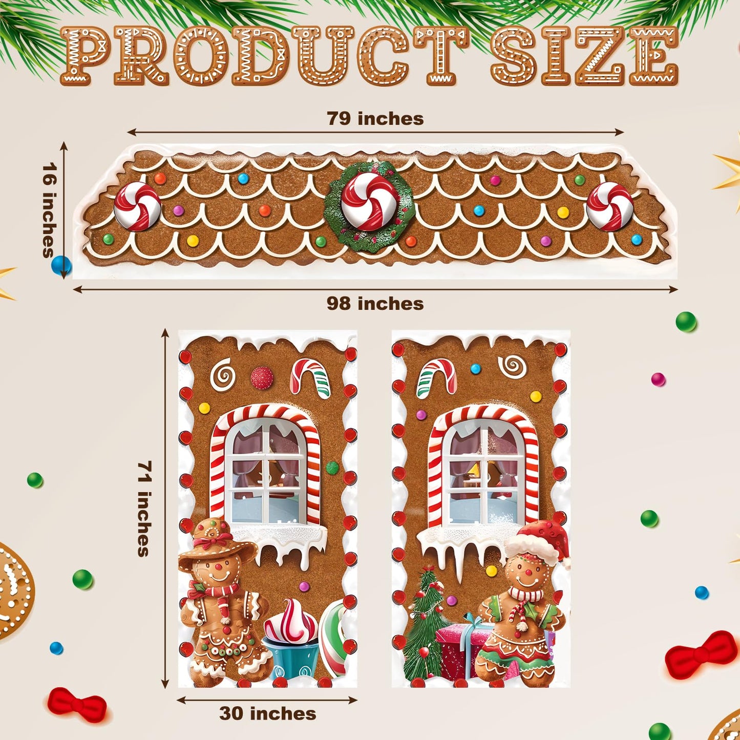 HunnmingRe 3 Pcs Christmas Gingerbread House Decorations Gingerbread Door Covers Backdrop Christmas Door Banners for Xmas Holiday Party Photography Photo Background Decor(Candy Style)